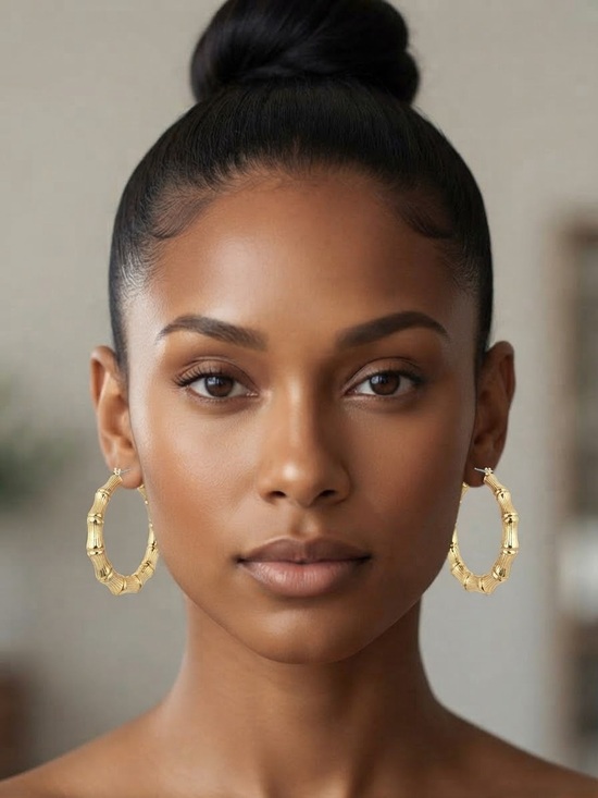 Jewelry - Gold Bamboo-Style Hoop Earrings - Women Jewelry